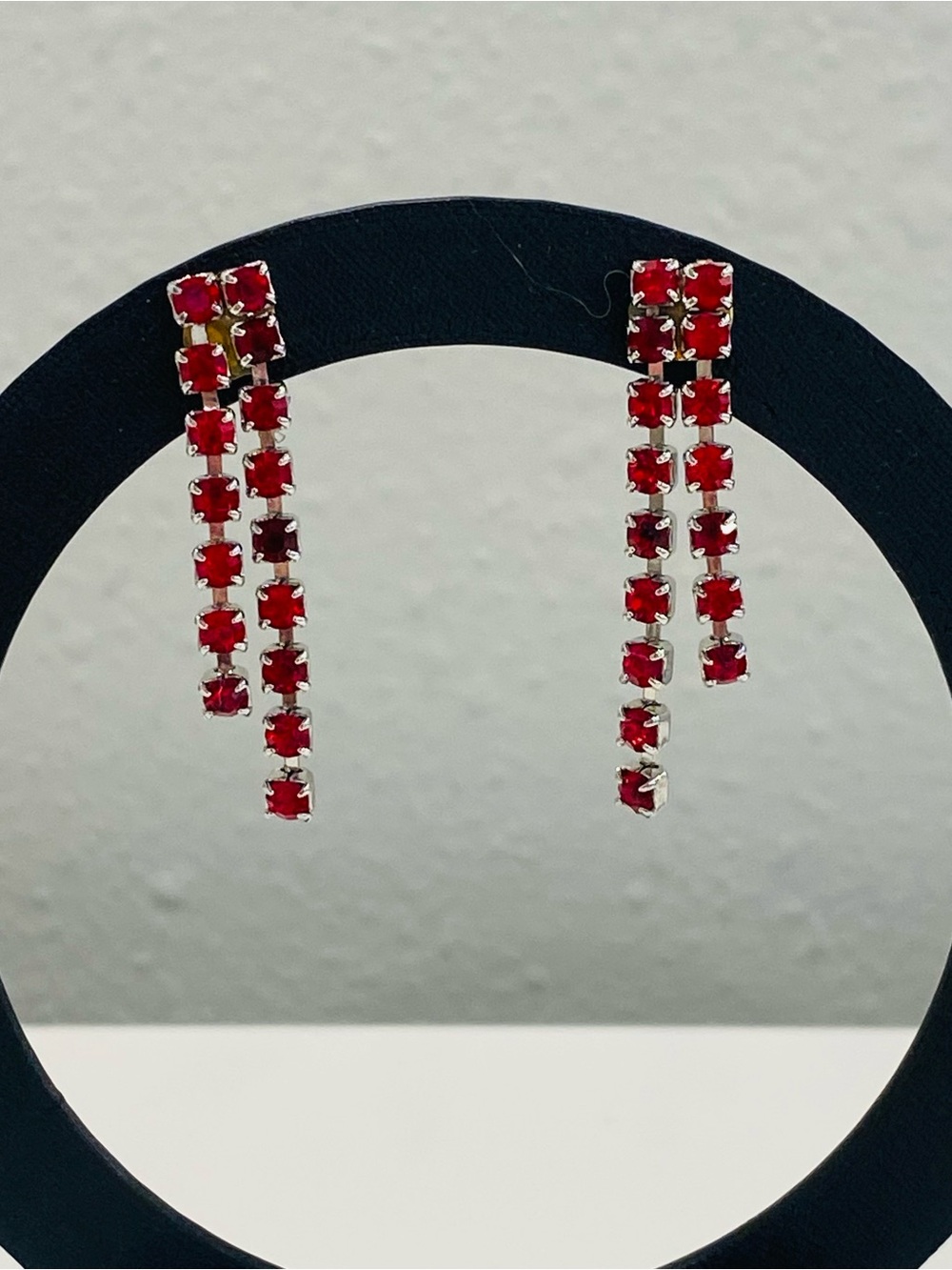 Red Crystal Tiered Fringe Statement Earrings Silver Tone Long Waterfall Drop